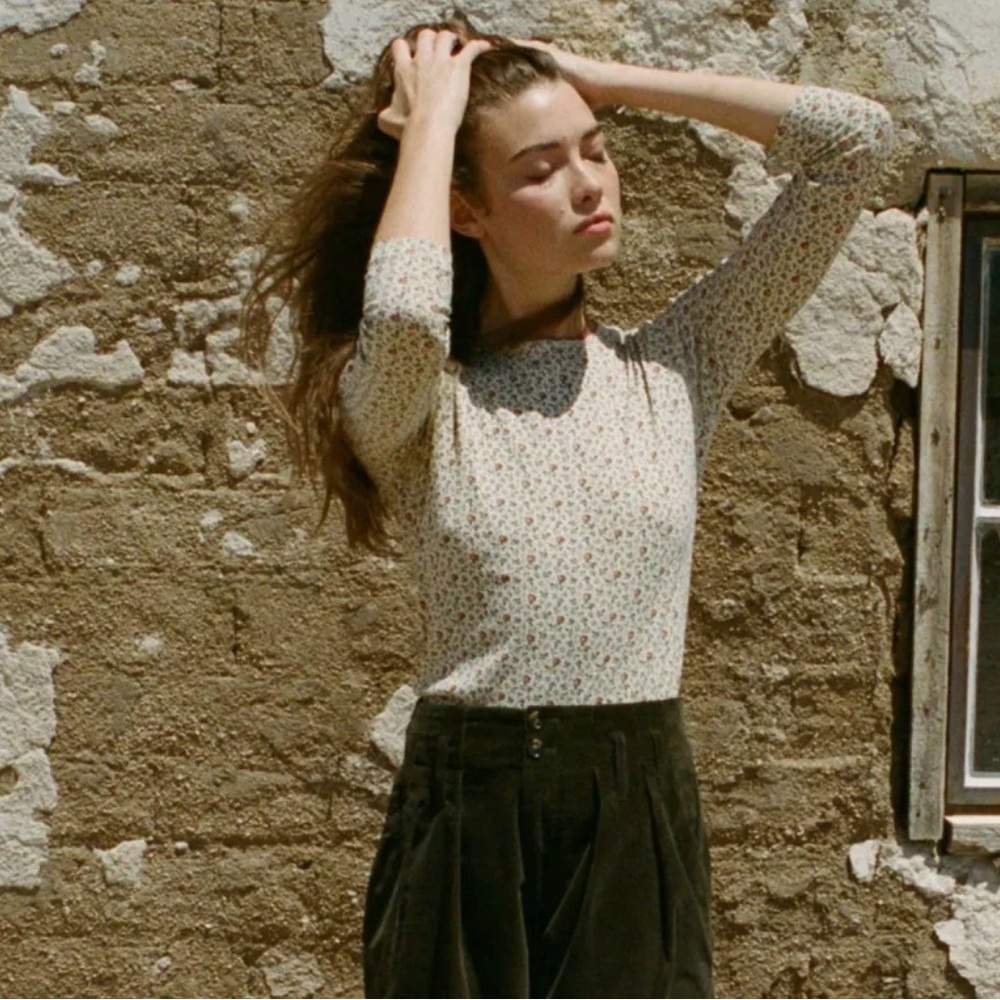 DOEN Annie Pointelle Tee T-Shirt Top Long Sleeve Windswept Dahlia size large